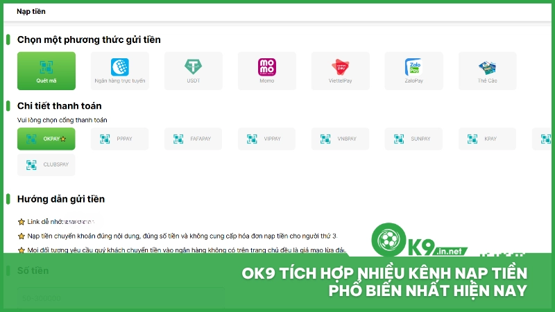 Nạp Tiền OK9 2 Ok9 tích hợp nhiều kênh nạp tiền phổ biến nhất hiện nay